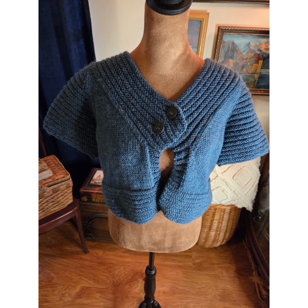 Hand Knit Blue Chunky Cropped Shrug Bolero Sweater Short Sleeve Button Front